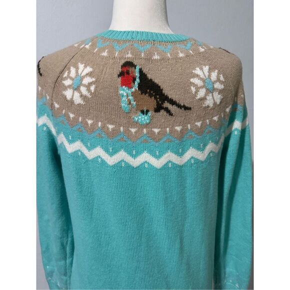 Talbots aqua Fair Isle bird print pullover lambswool blend sweater MP - Picture 5 of 9
